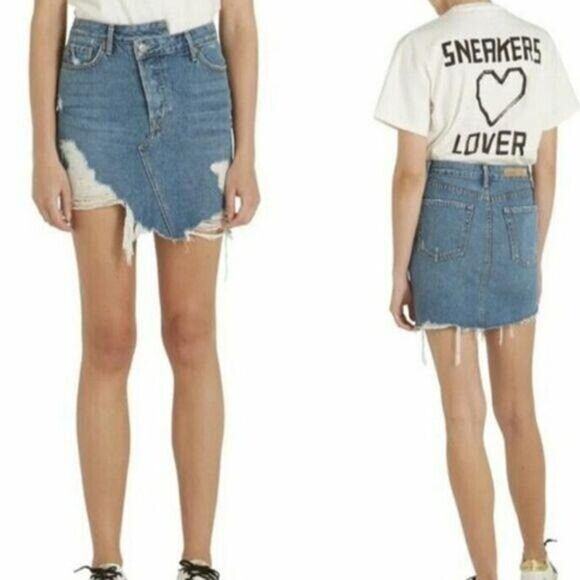 GRLFRND Payton Cross Over Cotton Denim High Rise Mini Skirt NEW Women's 25 - Picture 1 of 8